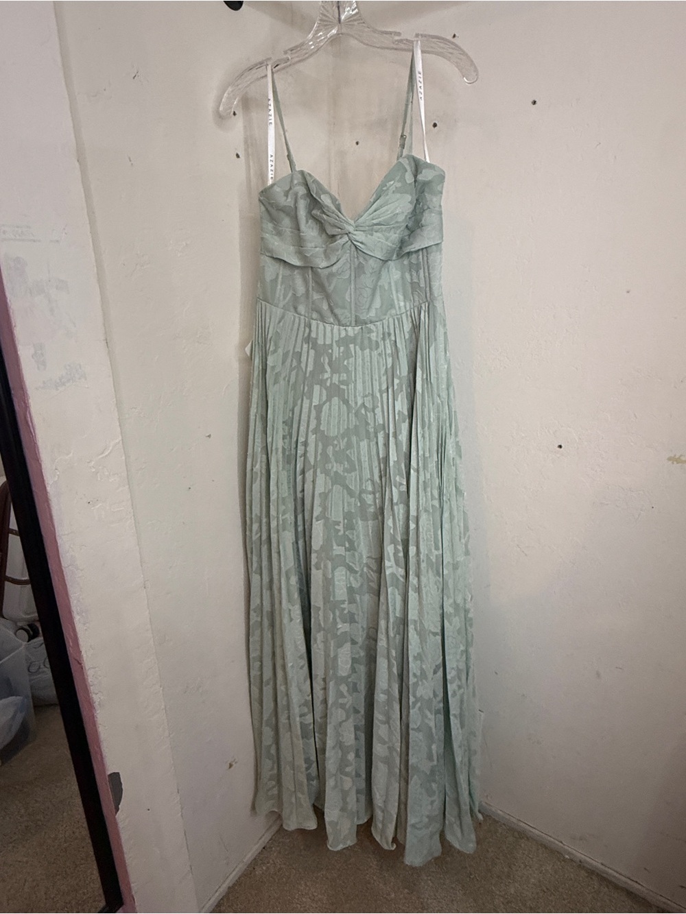 Azazie Sage Green A-line Pleated Spaghetti Strap Maxi Dress